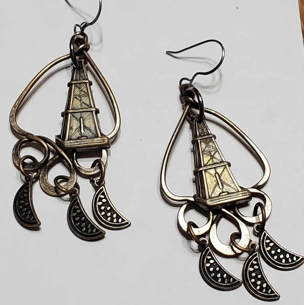 Unique probably one of a kind,oil drilling rig & watermelon chandelier Earrings - Picture 1 of 3